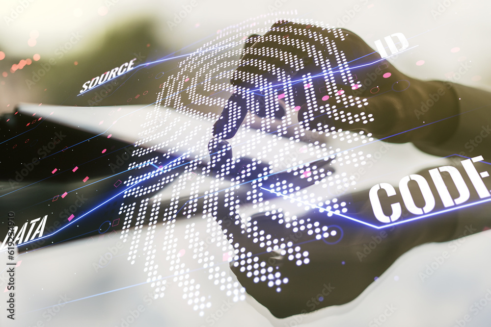 Poster multi exposure of abstract creative fingerprint illustration with finger presses on a digital tablet