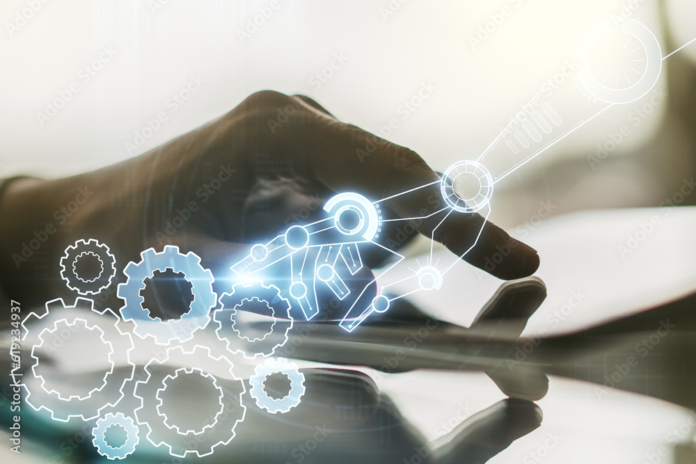 Aufkleber Creative abstract robotics technology sketch and hand working with a digital tablet on background, future technology and AI concept. Double exposure