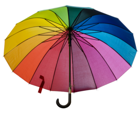 PNG image without background of an umbrella with the colors of the rainbow. The focus of the photo is in the part that joins the bars with the fabric, losing focus as it moves away from that point.