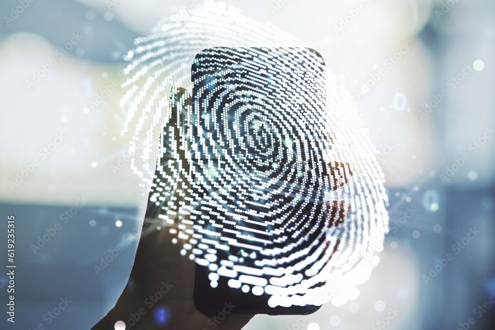 Aufkleber multi exposure of abstract creative fingerprint illustration and hand with phone on background, digi