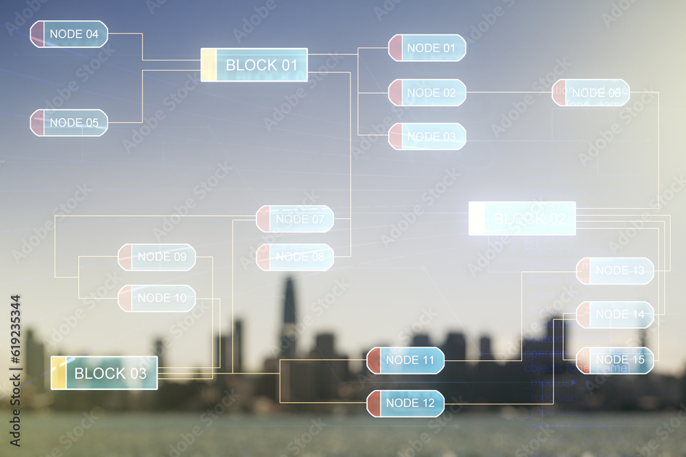 Aufkleber abstract virtual coding concept on blurry skyline background. multiexposure
