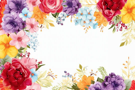 Watercolor Summer Floral Mix Flower Frame - Illustration with Bright Red, Yellow, Pink, Blue, Green Leaves, For Wedding Stationary, Birthdays, Cards, Greetings, Wallpapers, Backgrounds, Generative AI.