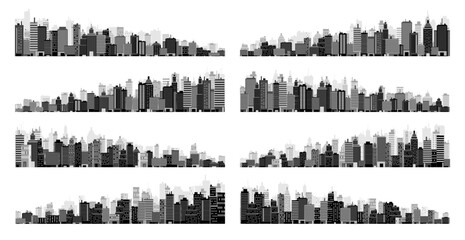 Obraz premium City silhouettes. Cityscape, town skyline, horizontal panorama. Midtown, downtown with various buildings, houses and skyscrapers. Vector illustration