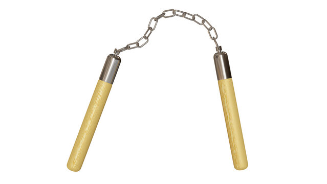 Wooden nunchaku weapon on chain isolated on white and transparent background. Martial art concept. 3D render