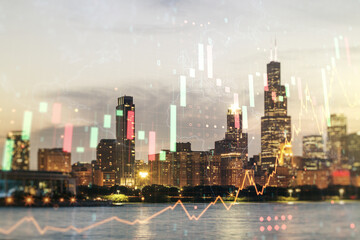 Multi exposure of virtual abstract financial graph hologram and world map on Chicago cityscape background, financial and trading concept