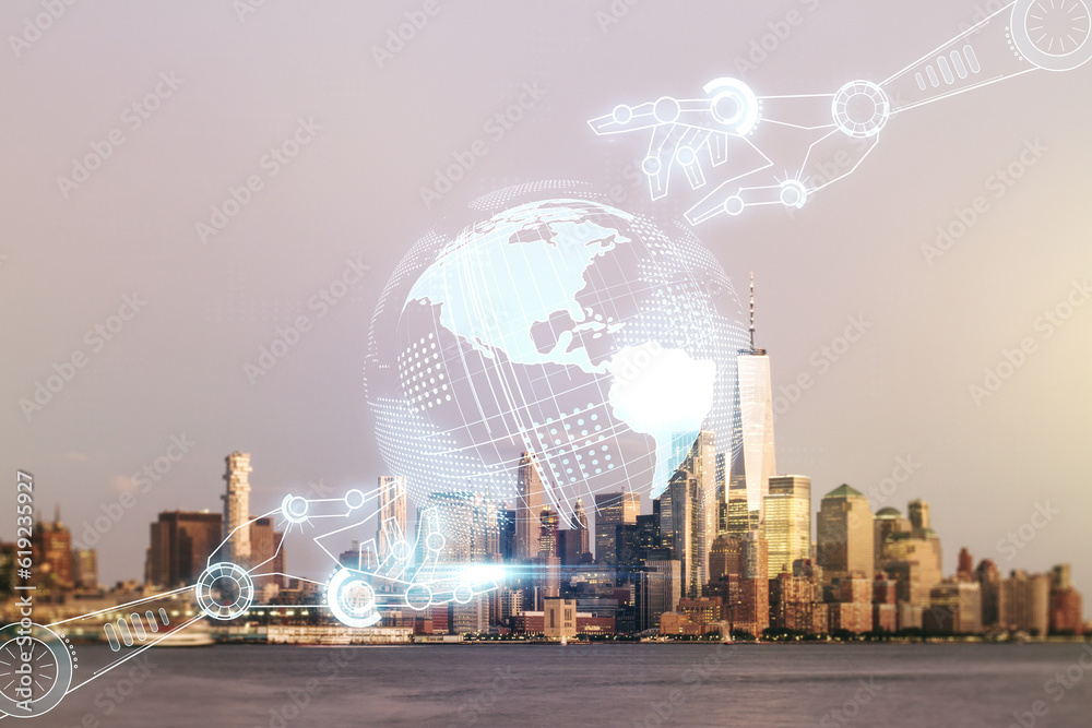 Aufkleber Abstract virtual robotics technology sketch with globe on Manhattan office buildings background, future technology and AI concept. Double exposure