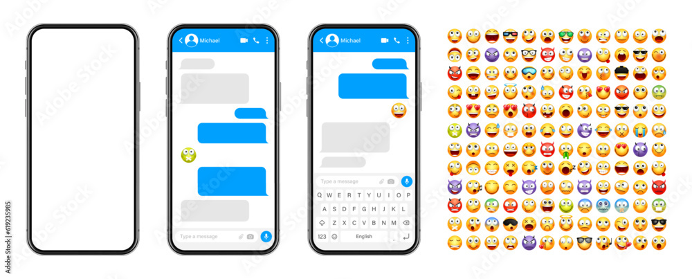 Wall mural Smartphone messaging app, user interface design with emoji. SMS text frame. Chat screen with blue message bubbles. Texting app for communication. Social media application. Vector illustration