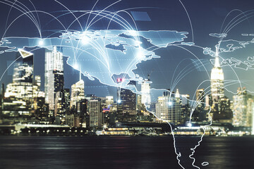 Double exposure of abstract digital world map hologram with connections on Manhattan office buildings background, big data and blockchain concept