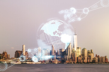 Abstract virtual robotics technology sketch with globe on Manhattan office buildings background, future technology and AI concept. Double exposure