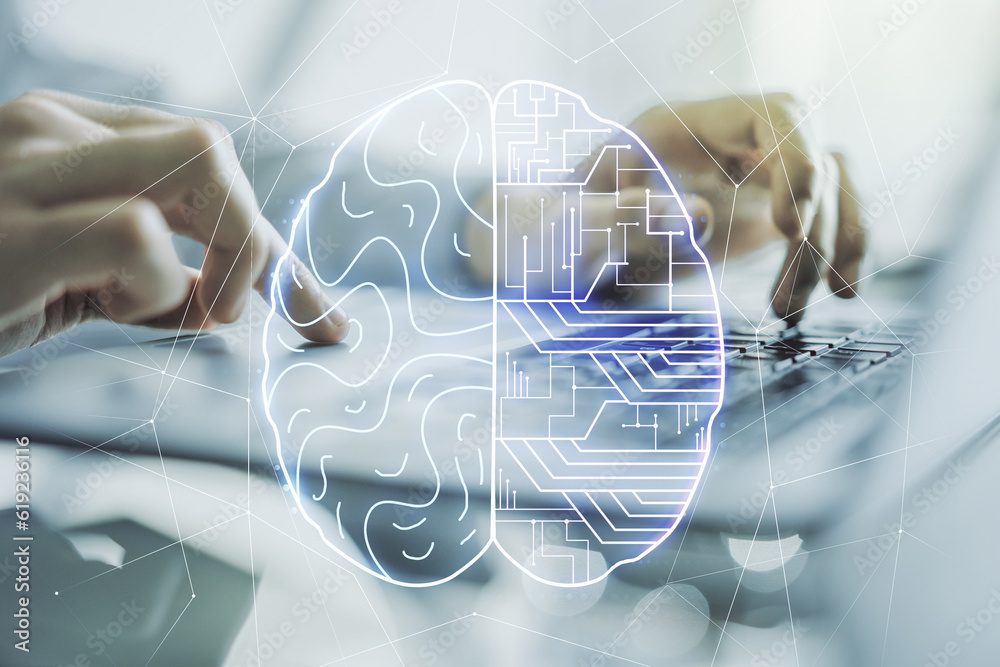 Poster double exposure of creative human brain microcircuit with hand typing on computer keyboard on backgr