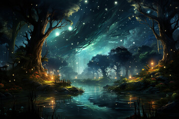 Fototapeta premium Fairy Lights and Starry Nights: A Tranquil Journey through the Enchanted Forest, Generative AI
