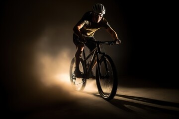 Naklejka premium Cyclist riding a bike on an open road to the sunset