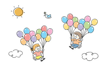 風船で空を飛ぶ子供たち
