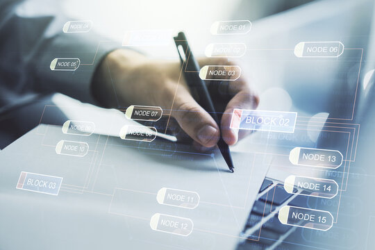 Abstract creative coding concept with hand writing in notebook on background with laptop. Multiexposure