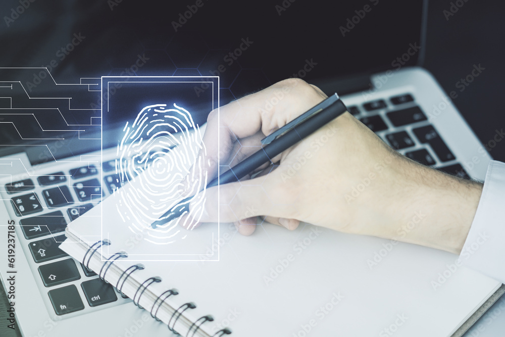 Poster multi exposure of abstract creative fingerprint illustration with hand writing in notebook on backgr