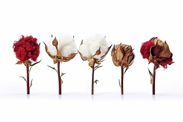 row of cotton flowers on a white background