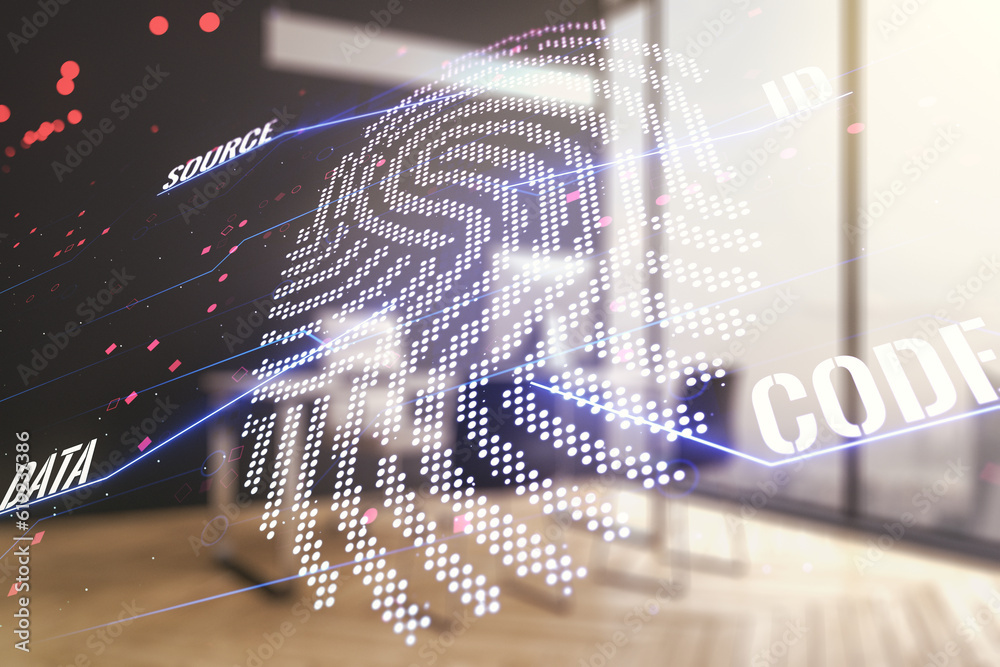 Aufkleber double exposure of abstract creative fingerprint hologram and modern desk with computer on backgroun