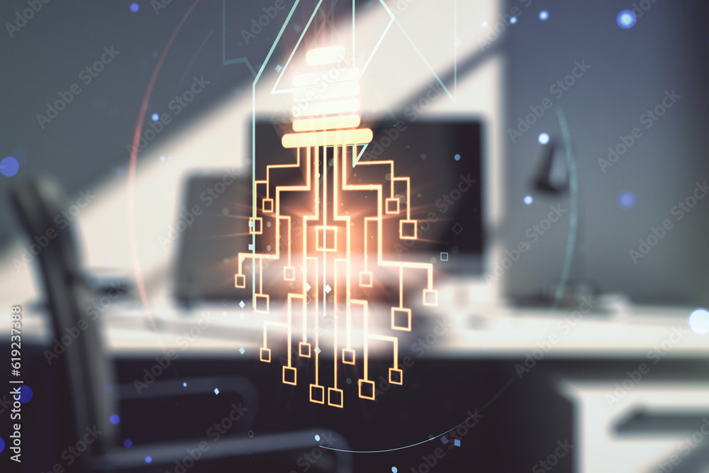 Aufkleber Creative idea concept with light bulb and microcircuit illustration and modern desktop with computer on background. Neural networks and machine learning concept. Multiexposure