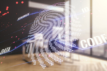 Double exposure of abstract creative fingerprint hologram and modern desk with computer on...