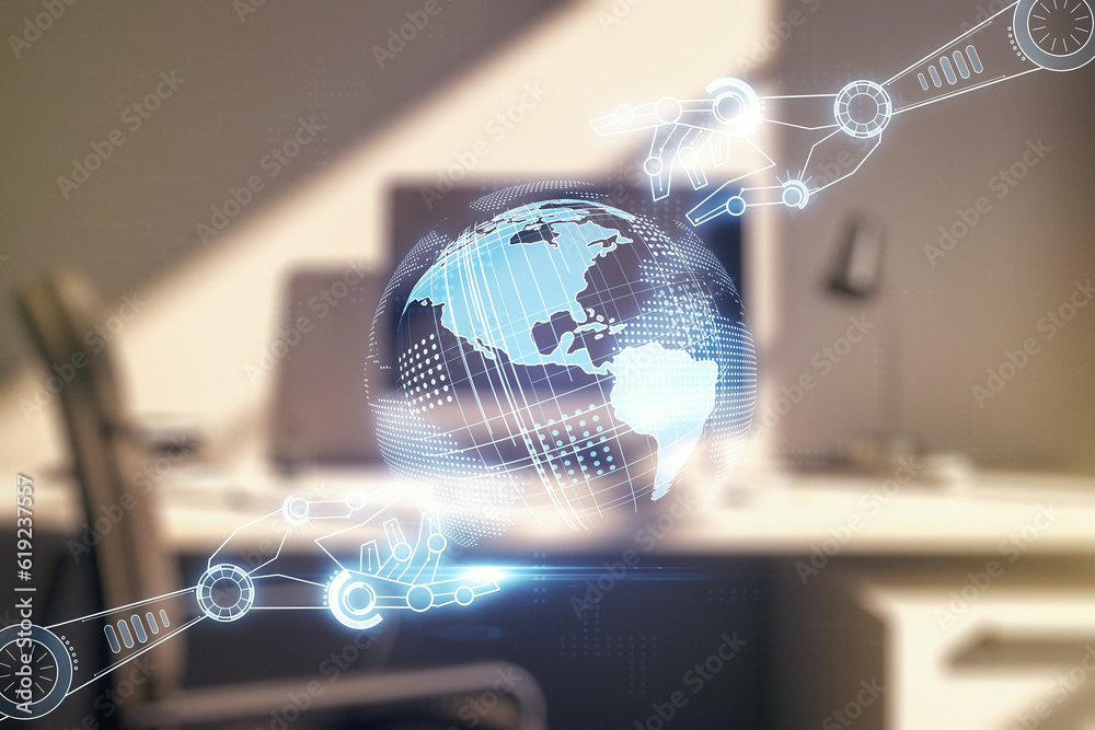 Aufkleber Double exposure of robotics technology with world map hologram and modern desktop with laptop on background. Research and development software concept