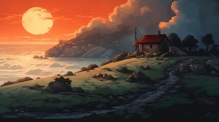 landscape with lonely house and sun, lofi vibes