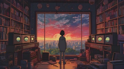 Lo-Fi Art: Guy Looking Through Window at Two Suns