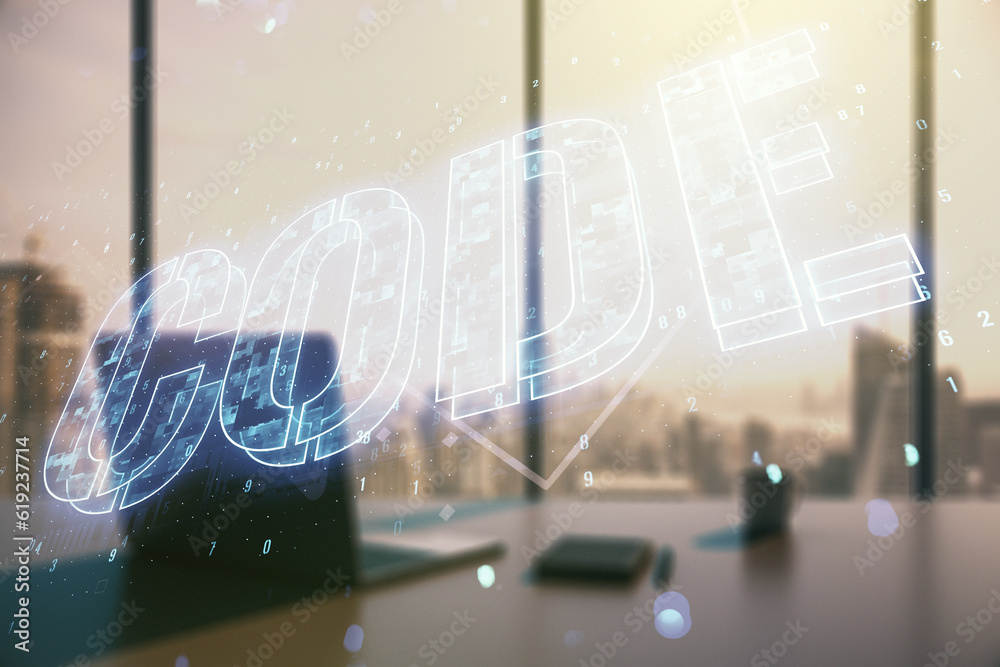 Aufkleber creative code word hologram and modern desktop with laptop on background, artificial intelligence an