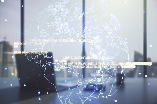 Multi exposure of abstract graphic coding sketch with world map and modern desktop with pc on background, big data and networking concept - Powered by Adobe