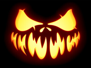Halloween pumpkin glowing face on black background. Close up view of funny and scary pumpkin face with eyes and mouth. Design for party poster, invitation and greeting cards. Vector illustration