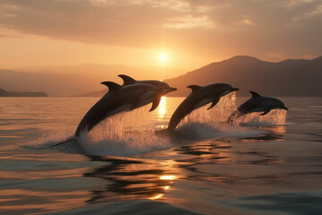 dolphins leaping in the sea. energy and joy exhibited by these intelligent and graceful marine creatures, surrounded by glistening droplets of seawater