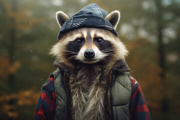 raccoon wearing a scarf and a vest. refinement and style. adorned with a vibrant scarf and a fashionable vest, attire gives it a contemporary and elegant look - obrazy, fototapety, plakaty