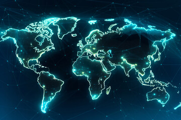 cyber-restructured world map in a digital format with connection lines, digital concept of global connectivity and interaction