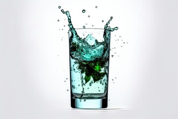 glass of water with a single green leaf floating on top