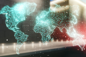Double exposure of abstract digital world map on modern business center exterior background, research and strategy concept