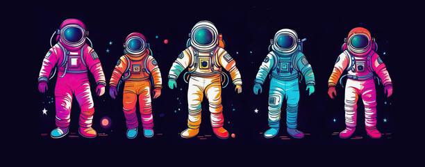Funky astronauts in colorful spacesuits on dark background