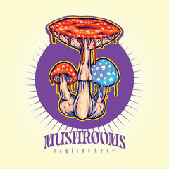 Magic mushroom melting psychedelic alchemy logo illustrations vector illustrations for your work logo, merchandise t-shirt, stickers and label designs, poster, greeting cards advertising business 
