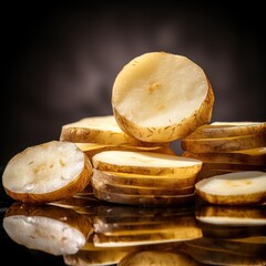 sliced potato on bright reflective background