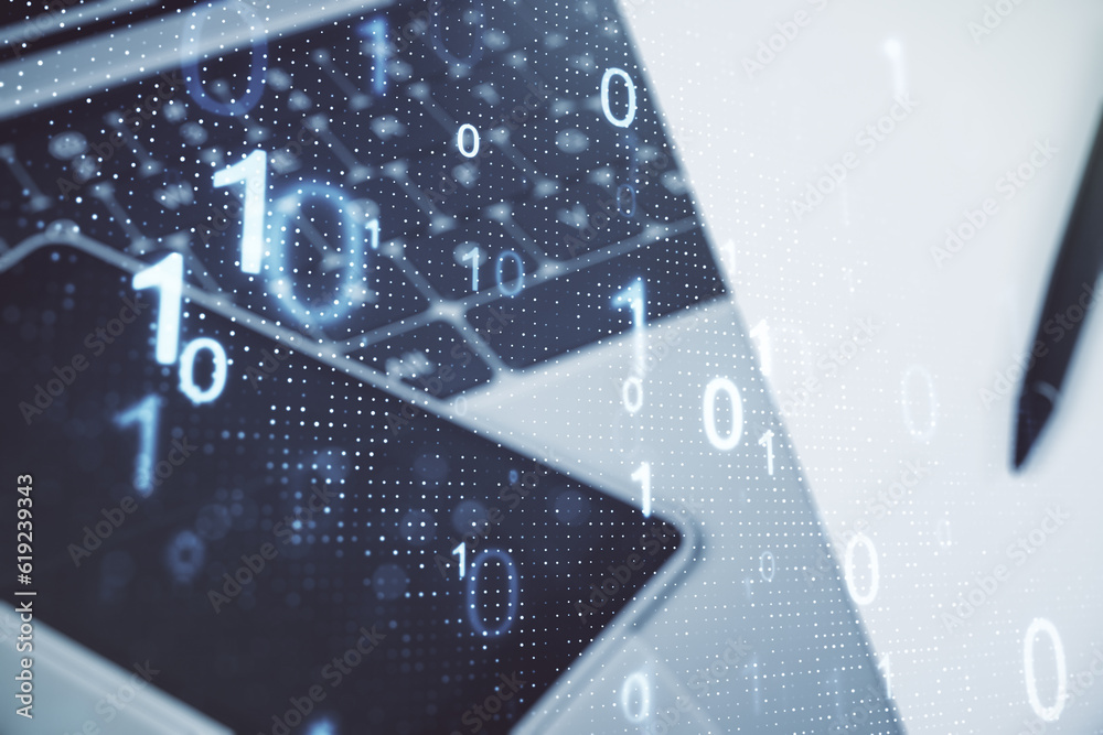 Fototapete double exposure of creative abstract binary code hologram on laptop background. database and program