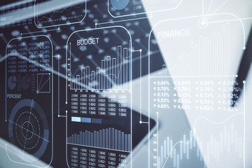 Abstract creative stats data concept on modern laptop background. Multiexposure