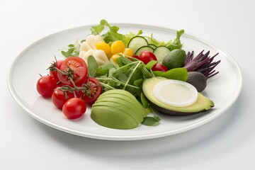 healthy salad with a variety of colorful vegetables and avocado slices on top. Generative AI