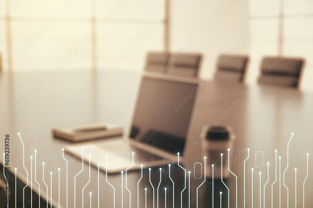 Poster creative abstract micro circuit sketch on modern laptop background, future technology and ai concept