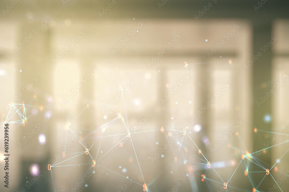 Poster abstract virtual wireless technology hologram on empty corporate office background. big data and dat