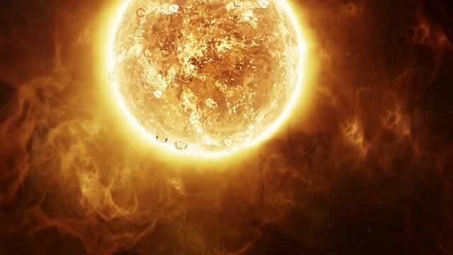 Hot erupting Sun wrapped in hydrogen plasma nebula clouds. Young star of our solar system concept 3D animation. Flares and coronal mass ejections unleash a torrent of searing glowing gases into space.