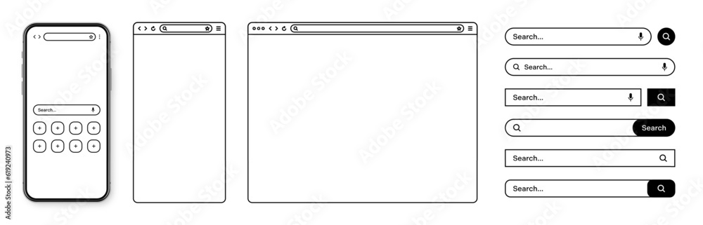 Wall mural smartphone, web browser, internet page window with toolbar and search bar, field. modern website in 