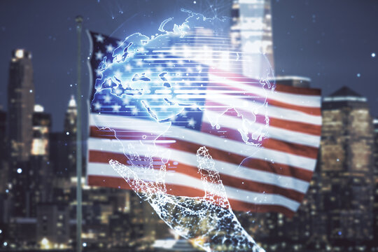 Multi exposure of abstract creative digital world map hologram on USA flag and blurry skyscrapers background, research and analytics concept - Powered by Adobe