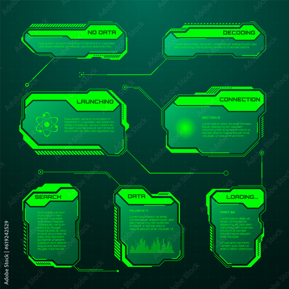 Wall mural green futuristic hud, ui elements. sci-fi user interface text boxes, callouts. warning message frame