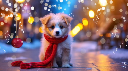 adorable Puppy dog on snowy Christmas City evening  street festive winter holiday Background ,