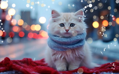   adorable Kitty Cat on snowy Christmas City evening  street festive winter holiday Background ,generated ai