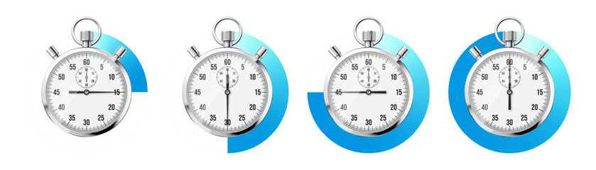 Realistic classic stopwatch. Shiny metal chronometer, time counter with dial. Blue countdown timer showing minutes and seconds. Time measurement for sport, start and finish. Vector illustration