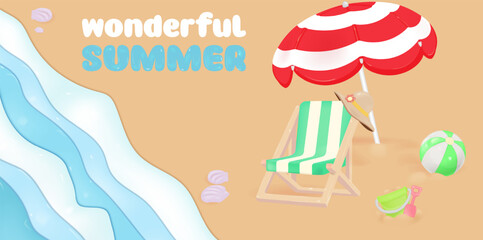 3d vector Beach chair, red umbrella and ball, summer vacation, travel time concept. Vector Eps 10.